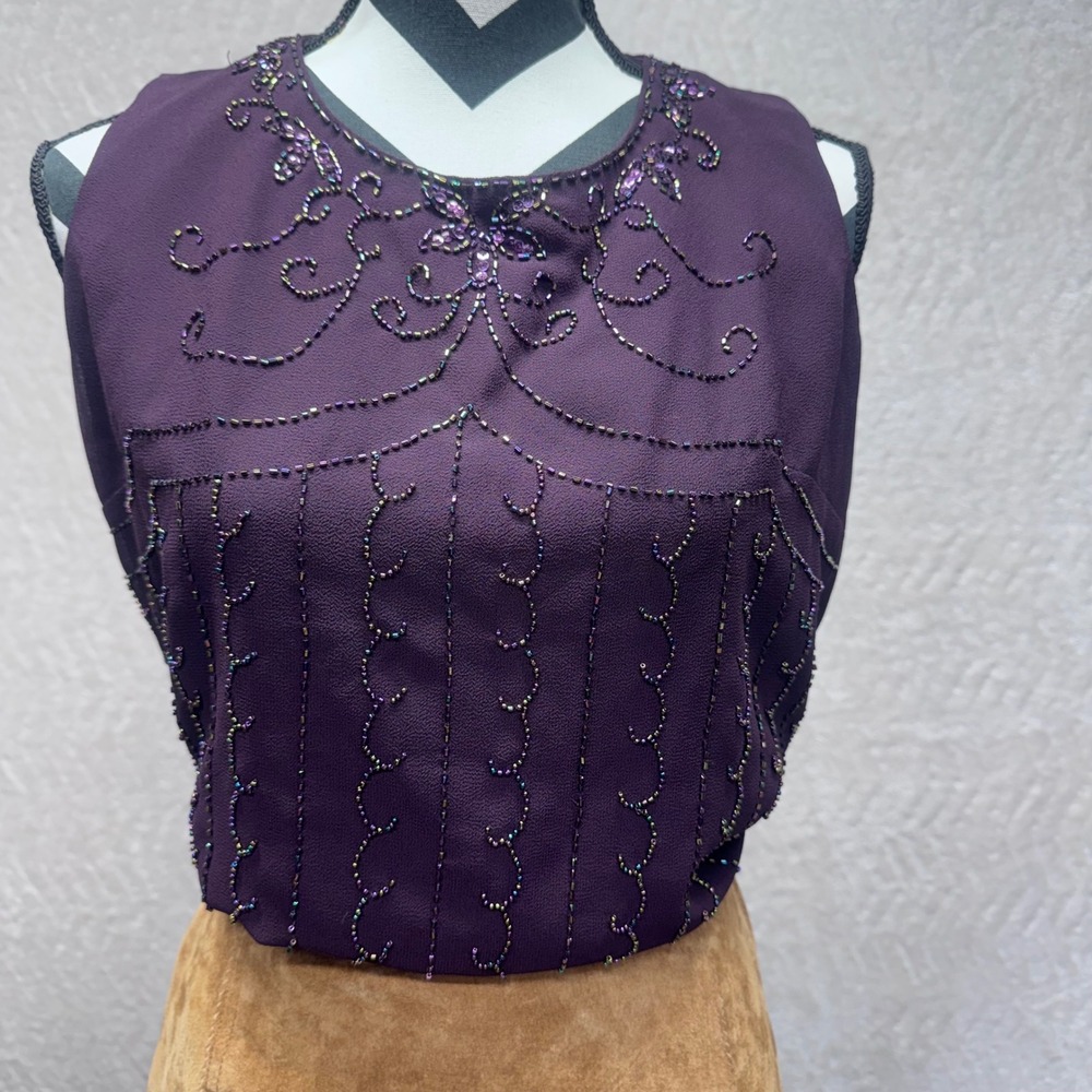 Karen Miller New York Purple Beaded Sleeveless Blouse Top Size 8 6506